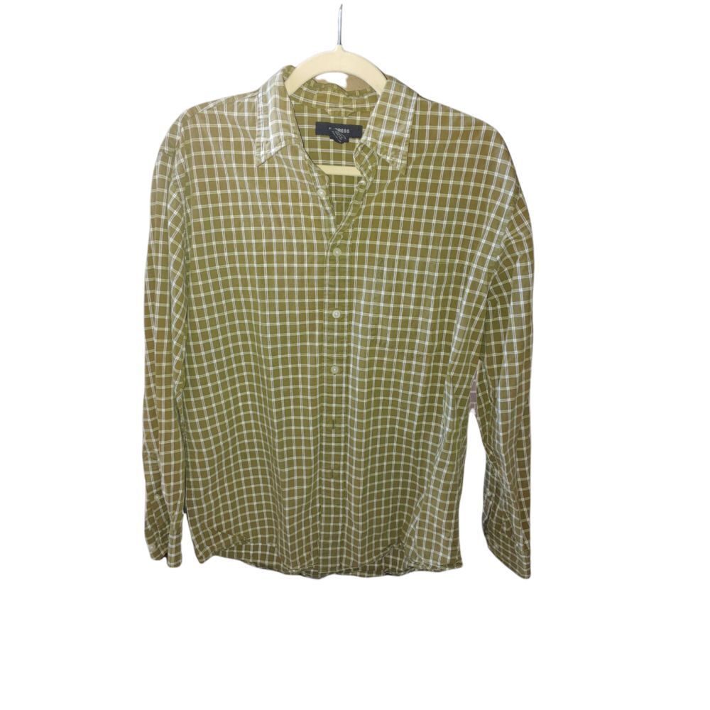 Express Men's Medium Olive/White Check Button Up Shirt